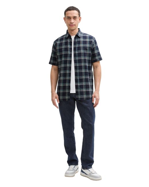 Tom Tailor Kurzarmshirt checked cotton linen shirt in Blue für Herren