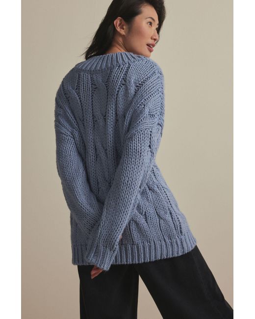 Next Blue Dicker Pullover mit Zopfmuster und V-Ausschnitt (1-tlg)