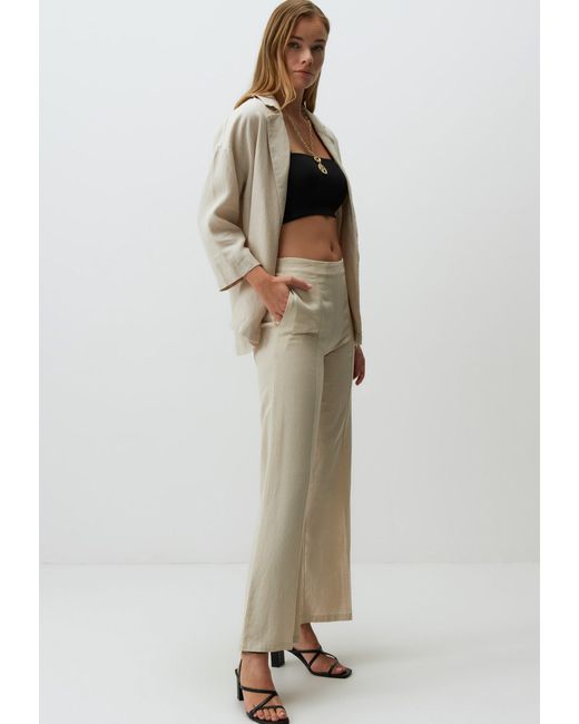 Jimmy Key Natural Strickhose Weites Bein Hohe Taille Leinenhose