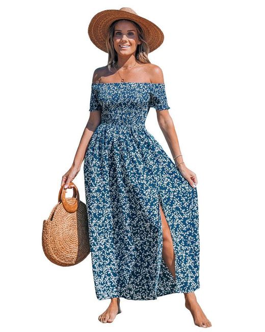 CUPSHE Blue Off-Shoulder-Kleid Ditsy Trägerloses Maxikleid