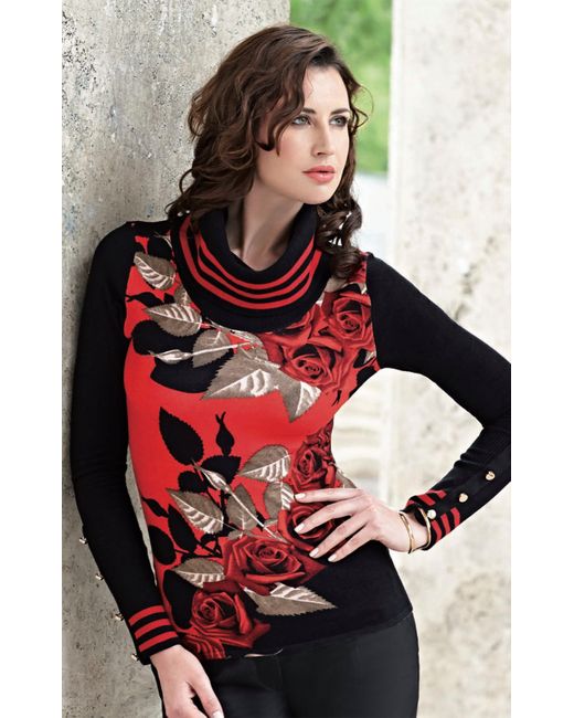 Passioni Red Rollkragenpullover mit Rosenprint und Streifen Muster