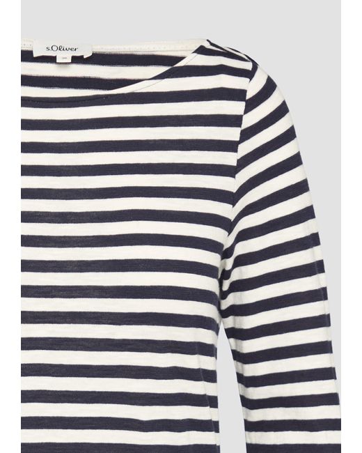 S.oliver White Geringeltes Langarmshirt aus Flammgarn mit U-Boot-Ausschnitt