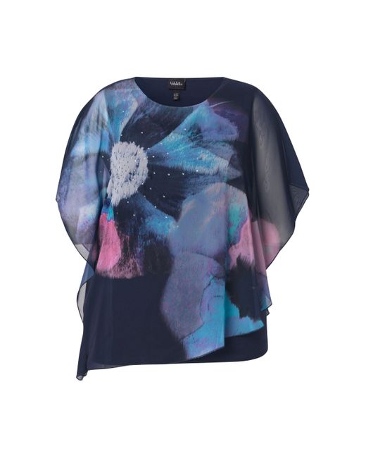 Ulla Popken Blue Longbluse Chiffonbluse Blüten Oversized Rundhals Halbarm