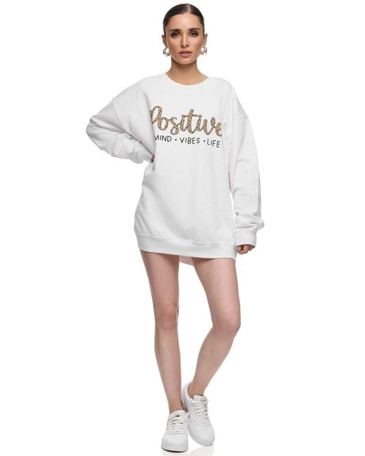 Worldclassca White Oversized Langarm Pullover FREIZEIT SWEATSHIRT POSITIVE MINT VIBES LIFE ANIMAL PRINT