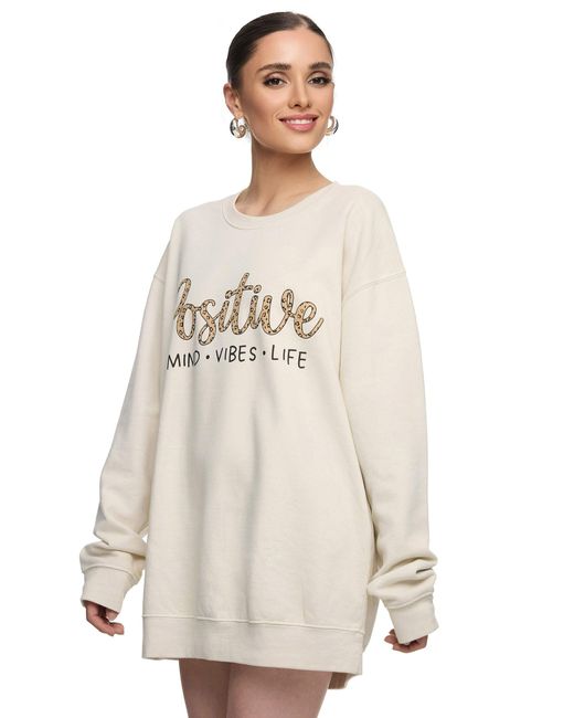 Worldclassca White Oversized Langarm Pullover FREIZEIT SWEATSHIRT POSITIVE MINT VIBES LIFE ANIMAL PRINT