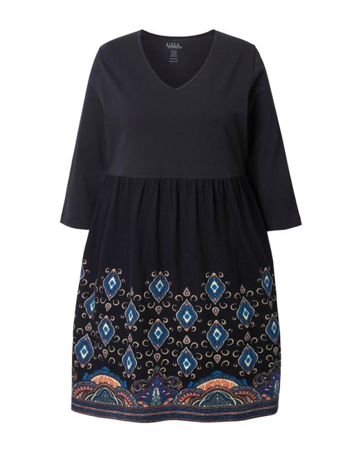 Ulla Popken Black Jerseykleid A-Linie V-Ausschnitt 3/4-Arm Taschen