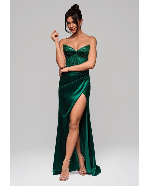 Ombre Green Elegantes Abendkleid mit Perlenkorsett und hohem Beinschlitz