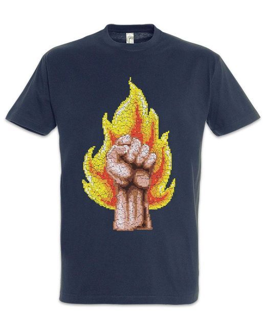 Urban Backwoods Print- Pixel Fire Fist T-Shirt Navy Größe 3XL (1-tlg) Arcade 8 16 Bit in Blue für Herren
