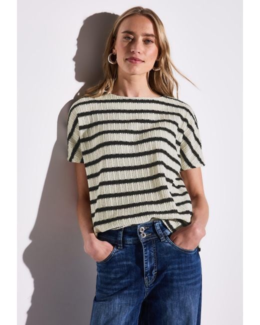 Street One Black Kurzarmpullover gestreift, in Struktur-Optik