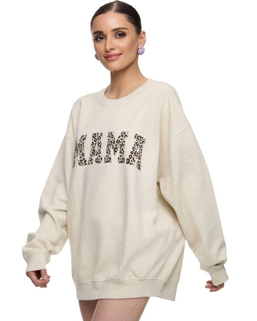 Worldclassca White Longsweatshirt Oversized Animal Langarm Pullover FREIZEIT SWEATSHIRT MAMA LEOPARD PRINT