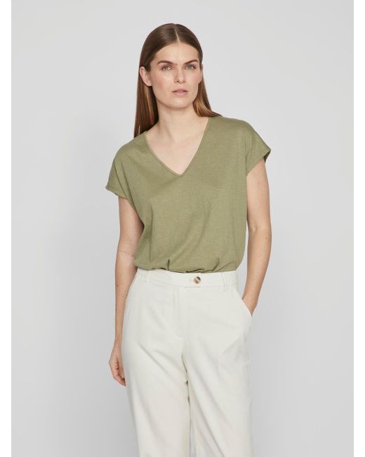 Vila Green T- Legere Shirt Bluse mit Spitzen Details V-Ausschnitt 7564 in Grün