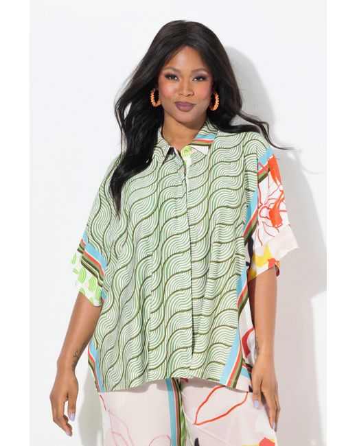 Ulla Popken Green Druckbluse Slinkybluse Patch-Design Hemdkragen Halbarm