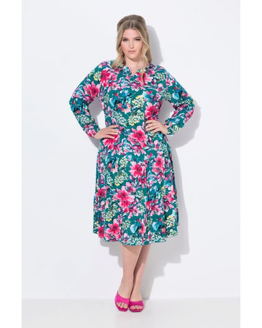 MIAMODA Blue Jerseykleid Midikleid Blumenmuster doppelter Saumvolant