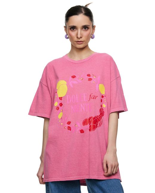 Worldclassca Pink Oversized Print DOLCE FAR NIENTE T-Shirt Sommer Oberteil