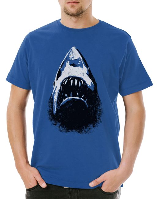 Urban Backwoods Print- Shark Face T-Shirt Hai Jaws Sharks Geek Nerd Haifisch Weiße in Blue für Herren