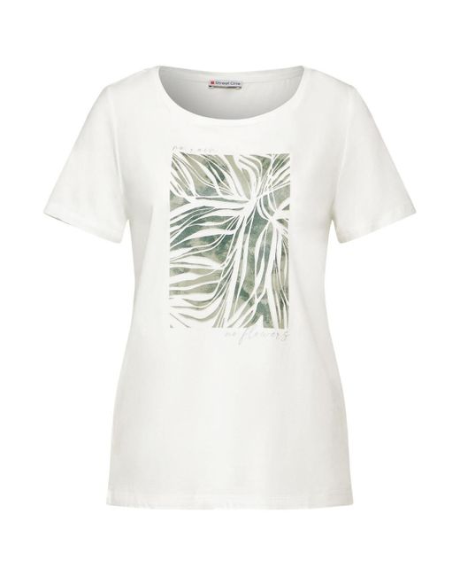 Street One White T- glossy leaf partprint shirt