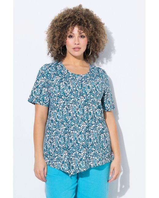 Ulla Popken Blue T-Shirt Zipfelsaum A-Linie Biesen Rundhals Halbarm