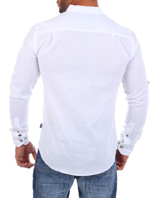 Carisma Langarmhemd Leinen Baumwoll Mix Hemd 8389 Regular Langarm Stehkragen Uni in White für Herren