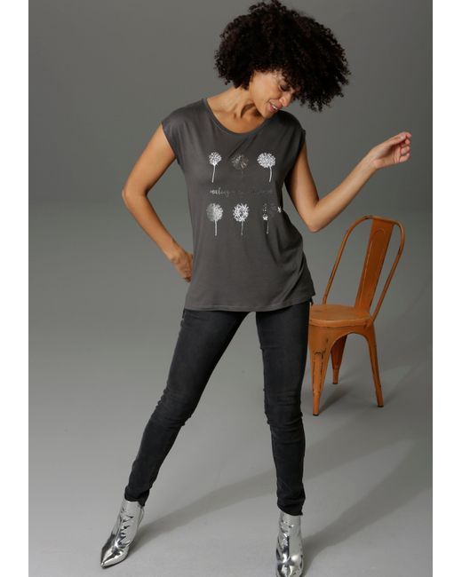 Aniston CASUAL Gray T-Shirt mit Frontdruck, teilweise glitzernder Folienprint