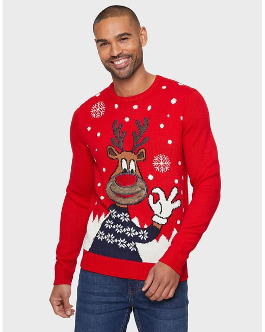 Threadbare Weihnachtspullover Reindeer in Red für Herren