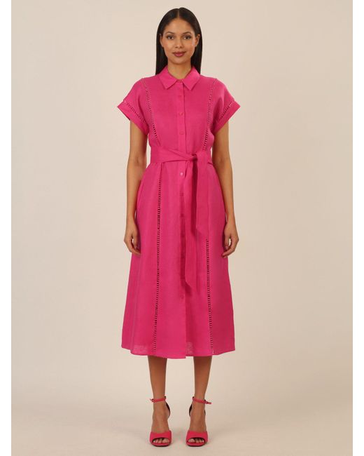 MINT & MIA Pink Midikleid mit Bindegürtel und Ziernähten