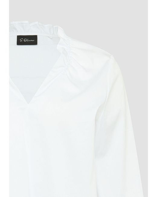 S.oliver White Langarmbluse Bluse mit gerüschtem Kragen und gesmokten Bündchen Raffung