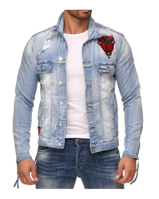 KINGZ Designer Retro Jeansjacke mit Wappen in Blue für Herren