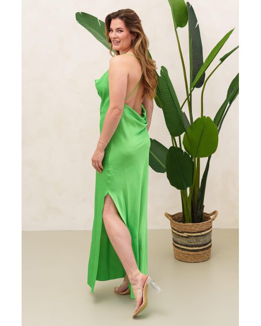 Lelü Fashion Green Satinkleid Maxikleid Satin mit Wasserfallausschnitt sowohl vorne als auch hinten