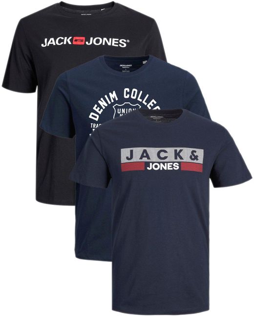 Jack & Jones Print- (Spar-Set, 3er-Pack) Big Size Shirt, Übergröße aus Baumwolle in Blue für Herren