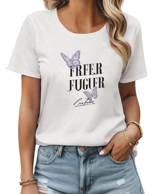PYL White Rundhalsshirt Bequemes Sommer T shirt mit Schmetterling Ausgefallene Druck Bequem für Freizeit und Büro,Strandurlaub