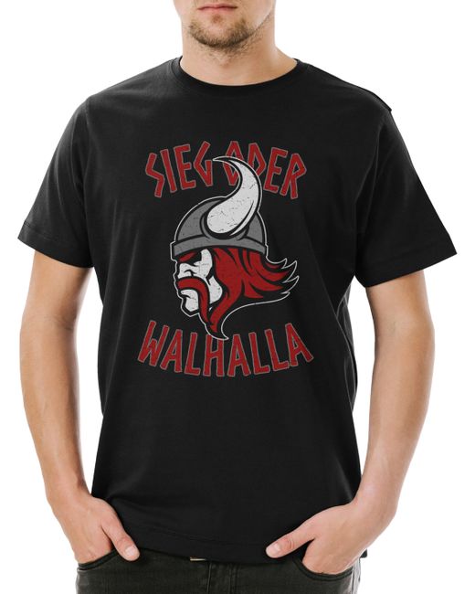 Urban Backwoods Print- Sieg Oder T-Shirt Asgard Midgard Asen Norse Thor Tyr in Black für Herren