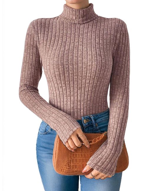 LUCKZON Multicolor Rollkragenpullover Rollkragen Langarmshirts mit Rippenmuster