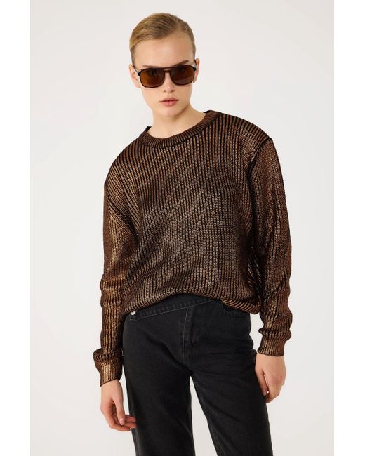 No Matter What Brown Metall-Detail Strickpullover, lockere Passform