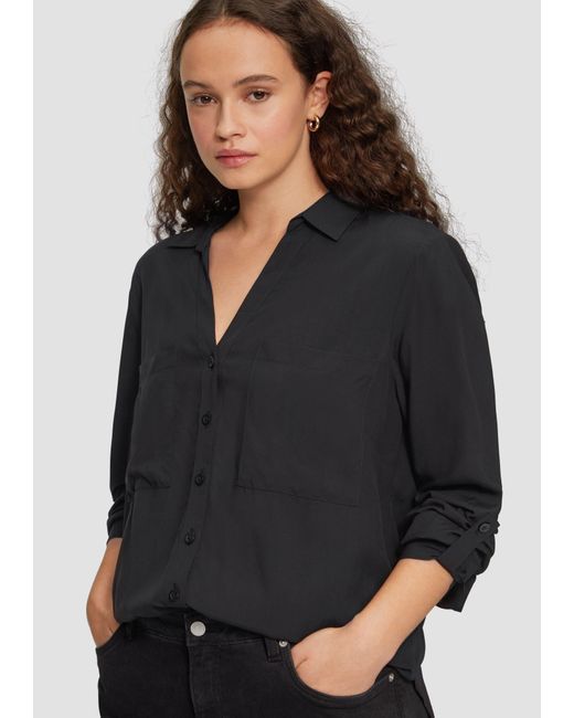 QS Black Langarmbluse Viskosebluse mit Turn-up und aufgesetzten Taschen