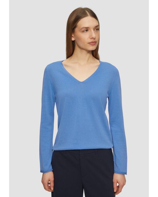 S.oliver Blue Strickpullover Feinstrickpullover mit V-Ausschnitt und Rollkante am Saum