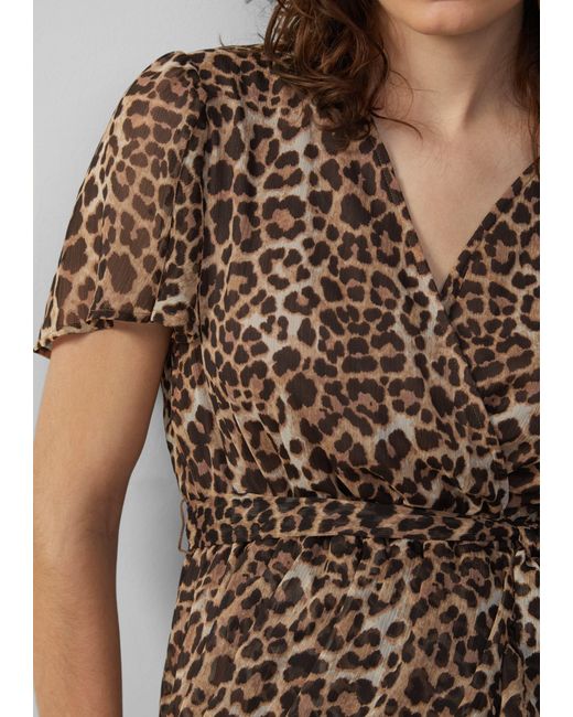 QS Brown Minikleid Chiffonkleid in Wickeloptik mit All-over-Print Raffung
