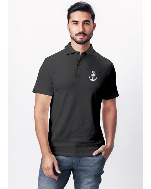 Neverless Poloshirt Anker-Logoprint Kurzarm Polohemd aus Baumwolle mit Print in Black für Herren