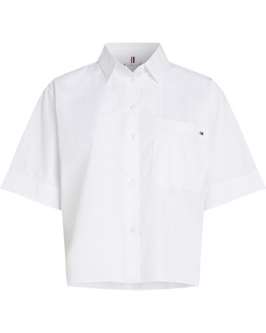 Tommy Hilfiger White Kurzarmshirt POPLIN BOXY SHORT /S SHIRT mit Brusttasche, Logostickerei