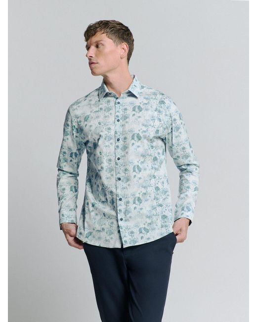 No Excess Langarmhemd Stretchhemd mit Print in Blue für Herren