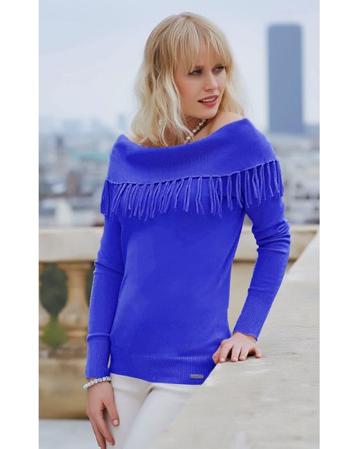 Passioni Blue Strickpullover schulterfrei mit Fransendetails im Glattstrick