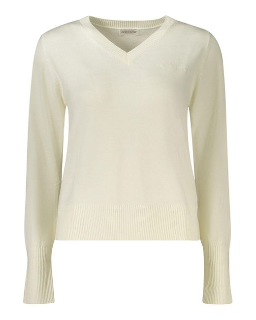 Guess Natural Strickpullover pullover Weiß: V-Ausschnitt mit Stickerei & Langarmshirt