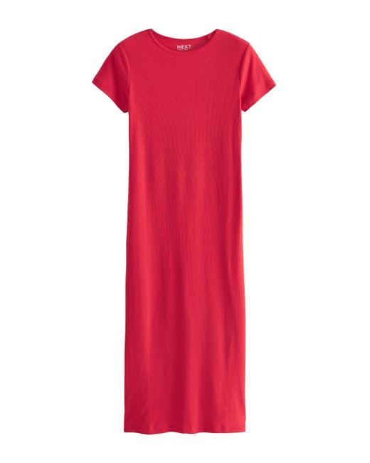 Next Red Maxikleid Gestuftes T-Shirt-Kleid in Maxilänge mit Schlitz (1-tlg)