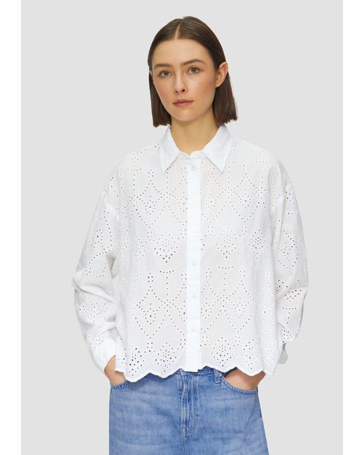 S.oliver White Langarmbluse Verkürzte Bluse mit Lochstickerei