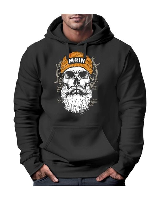 Neverless Hoodie Moin Skull Windrose Kompass Totenkopf Frontprint Männer in Black für Herren