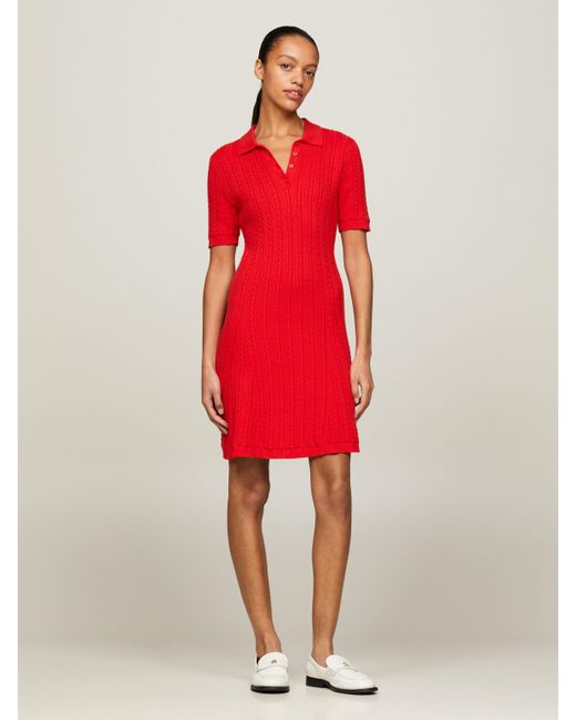 Tommy Hilfiger Red Polokleid CABLE &F POLO SS SWT DRESS mit Mini-Zopfmuster