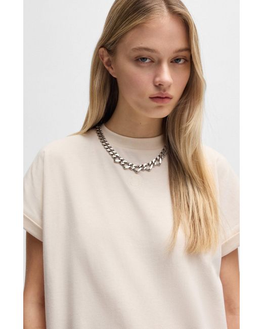 HUGO White Jerseykleid Nalle_B Logostickerei Jersey Oversized mit Schlitz