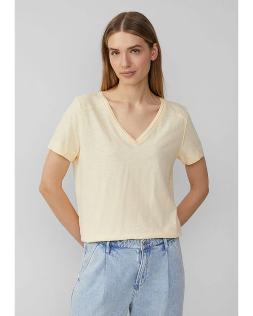 S.oliver Natural Kurzarmshirt T-Shirt aus Flammgarn mit V-Ausschnitt Frontpasse