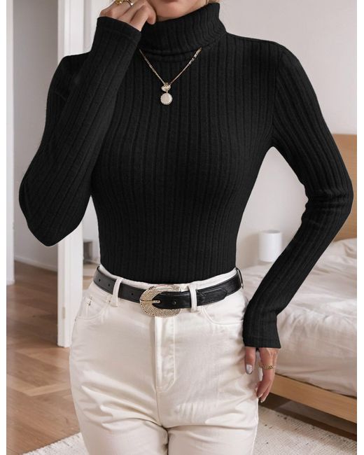 LUCKZON Black Rollkragenpullover Rollkragen Langarmshirts mit Rippenmuster