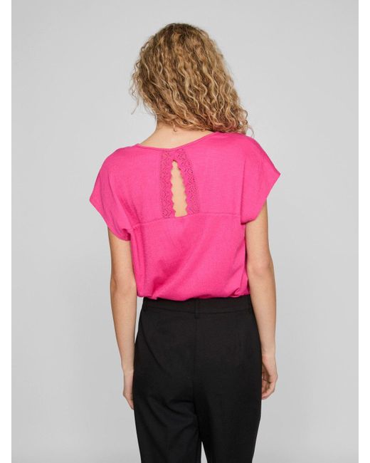 Vila T- Legere Shirt Bluse mit Spitzen Details V-Ausschnitt 7564 in Pink