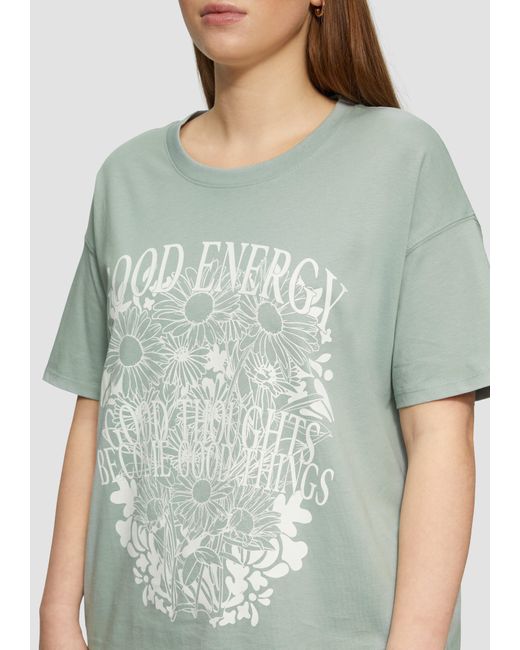 QS Green Kurzarmshirt Baumwollshirt mit Frontprint und überschnittener Schulter
